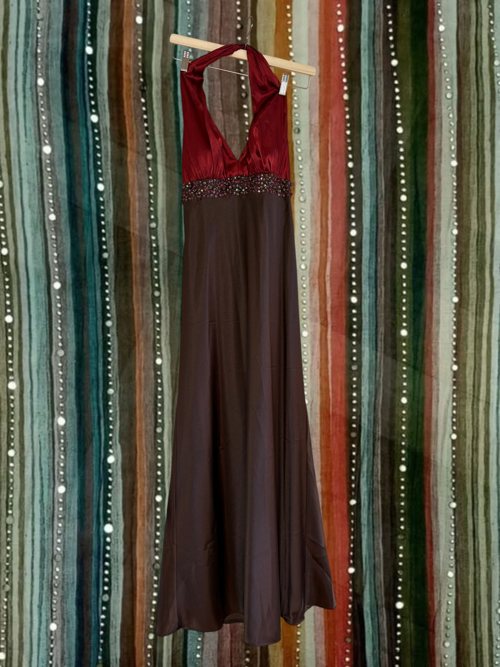Sleek Vintage Red and Brown Halter Dress