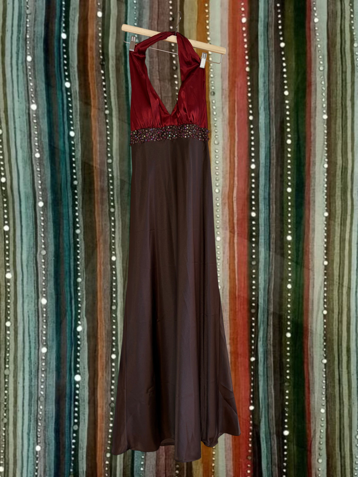 Sleek Vintage Red and Brown Halter Dress