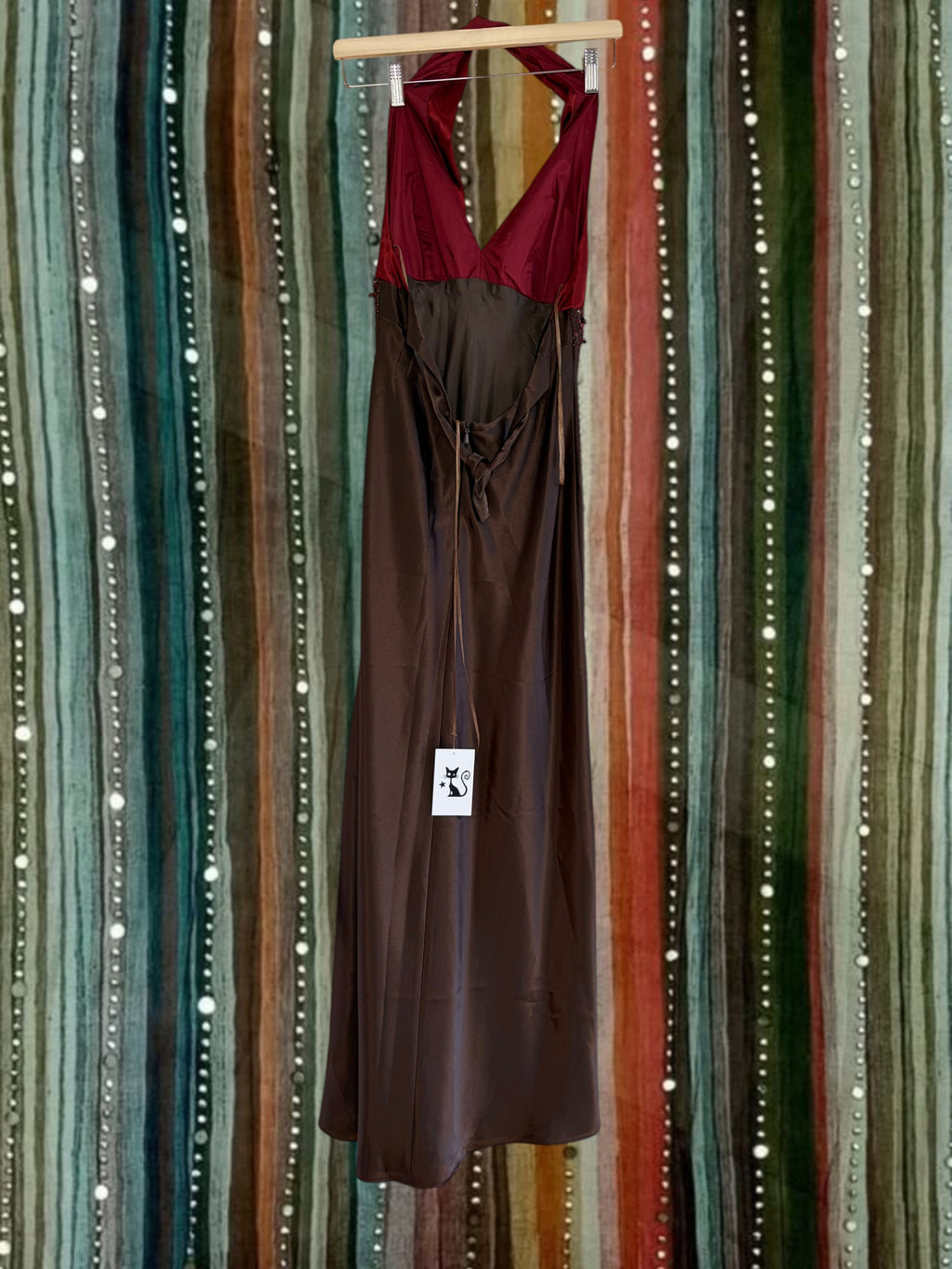 Sleek Vintage Red and Brown Halter Dress