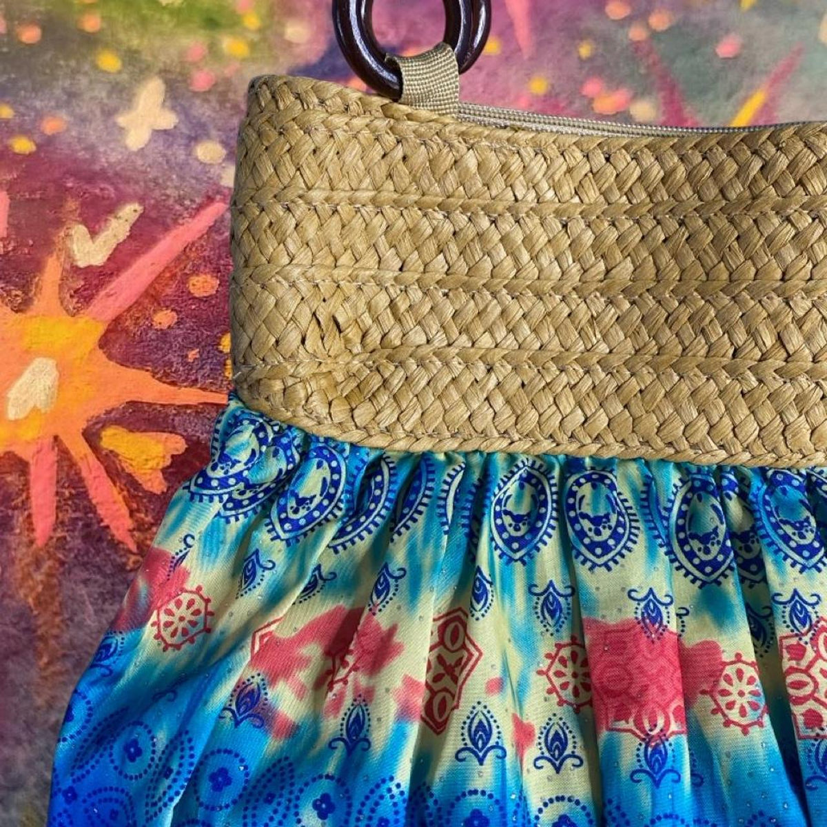Y2K boho straw and paisley purse - front view with wooden bead handles