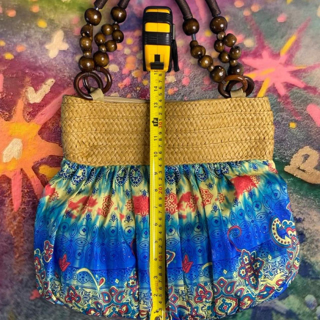 Y2K boho straw and paisley purse - side view